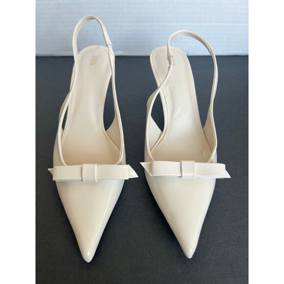 NWOT ZARA Cream Pointed Toe SlipOn Slingback Front Bow High Heel Pump Shoe Sz 10 - Picture 3 of 12